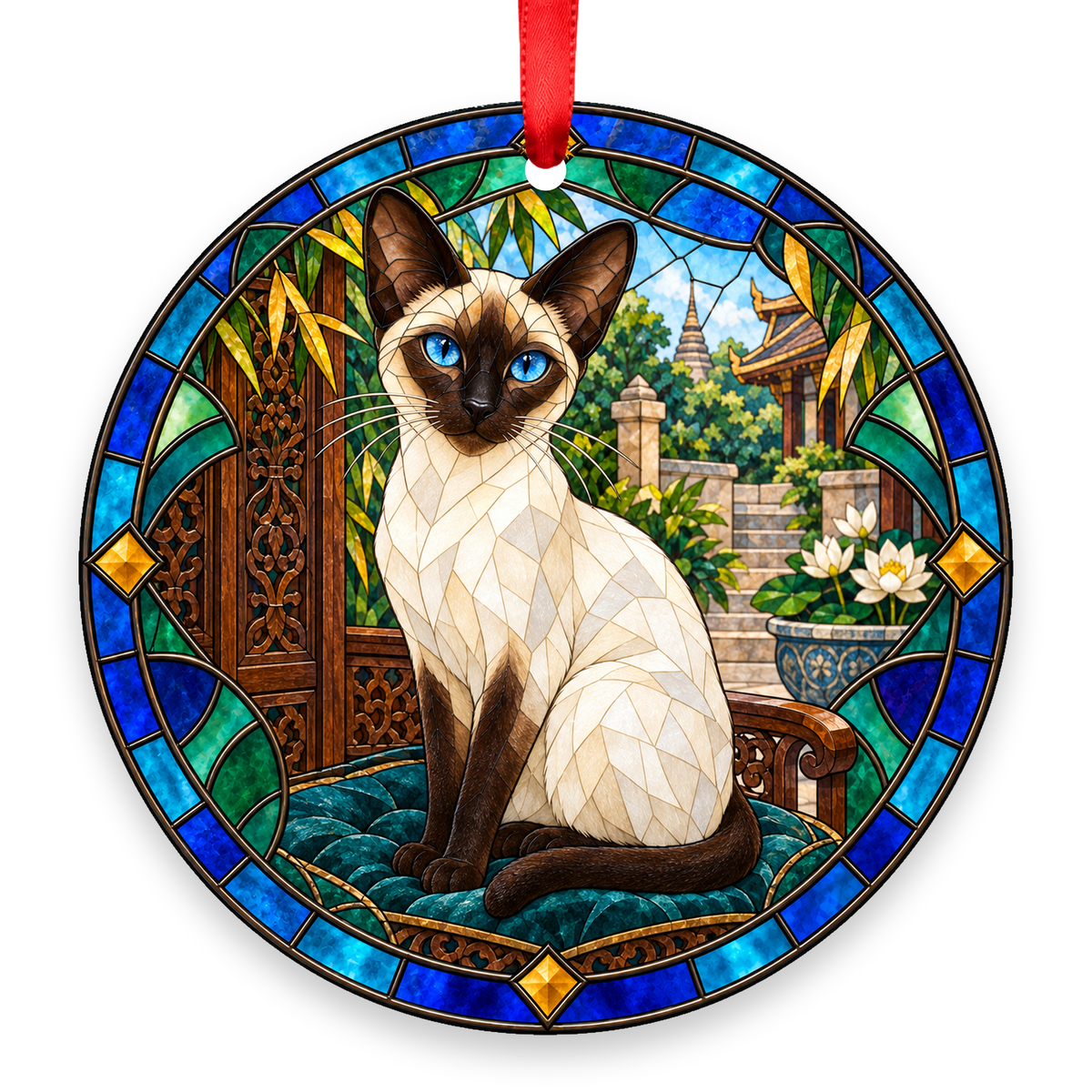 Siamese Seal Point stained glass style Christmas ornament with red ribbon