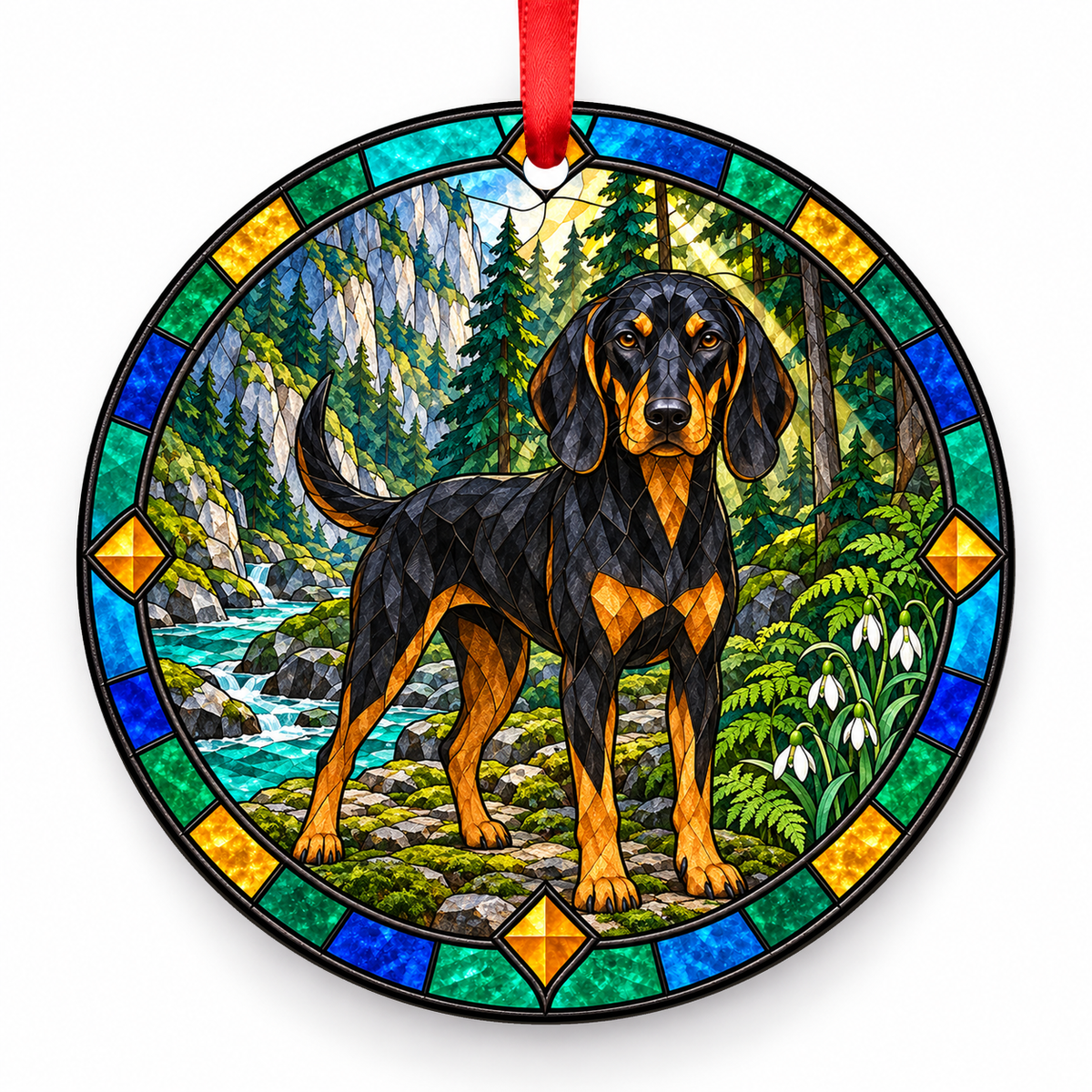 Black and Tan Transylvanian Hound stained glass style porcelain Christmas ornament with red ribbon