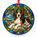 Black Blanket Tricolor Treeing Walker Coonhound stained glass style porcelain Christmas ornament with red ribbon