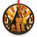 Black and Tan Welsh Terrier stained glass style porcelain Christmas ornament with red ribbon