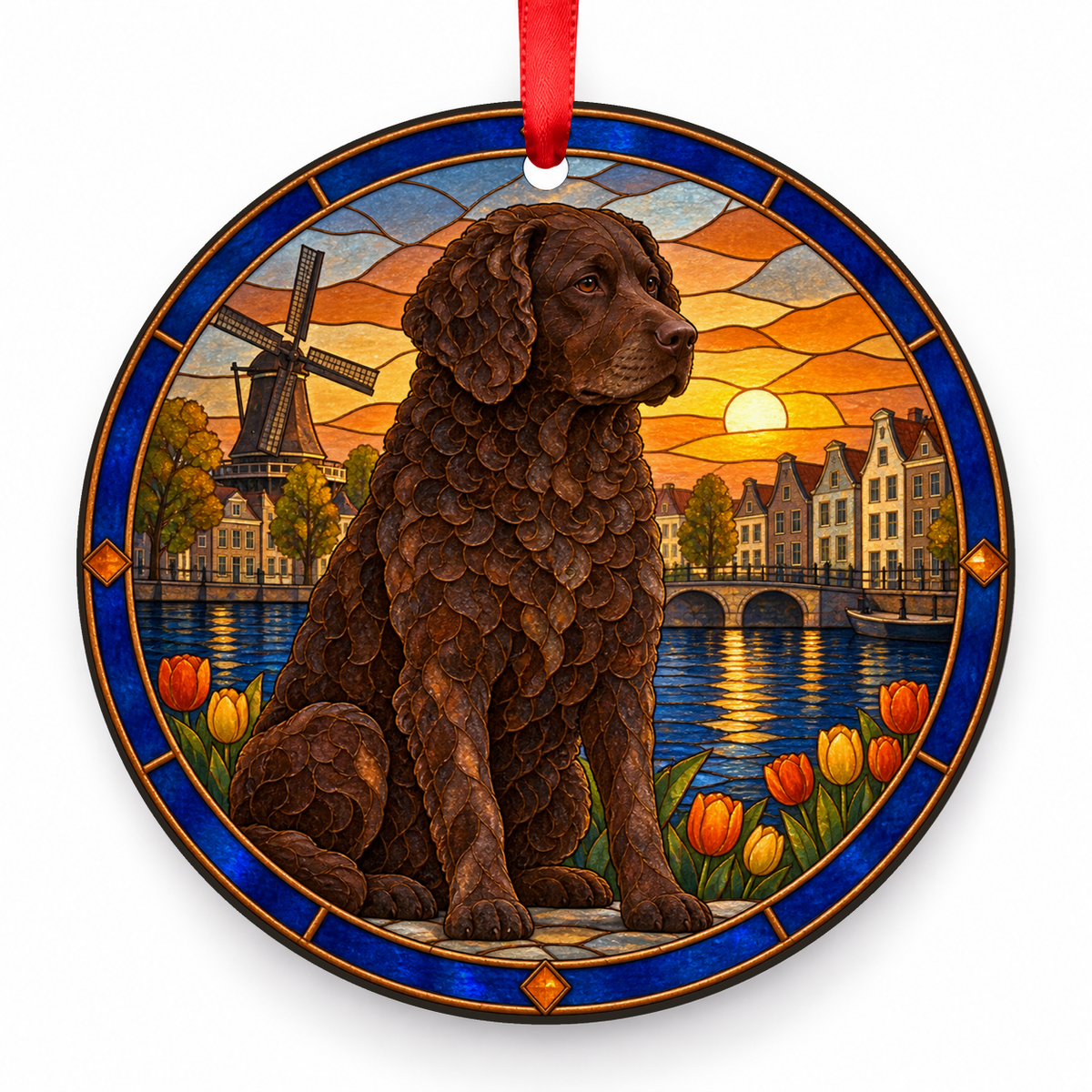 Brown Wetterhoun stained glass style porcelain Christmas ornament with red ribbon