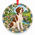 Brown and White Wirehaired Pointing Griffon stained glass style porcelain Christmas ornament with red ribbon