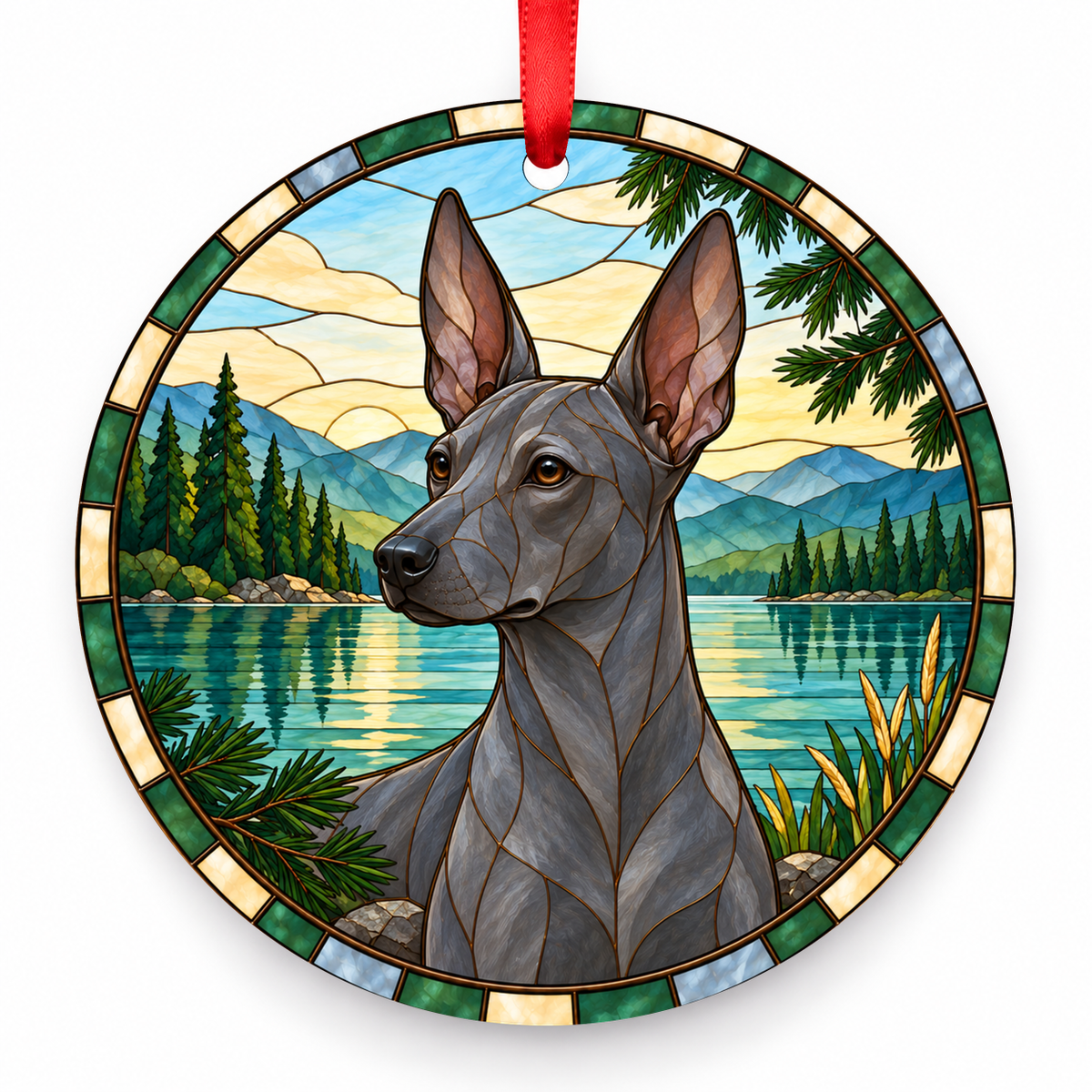 Slate Gray Xoloitzcuintli stained glass style porcelain Christmas ornament with red ribbon