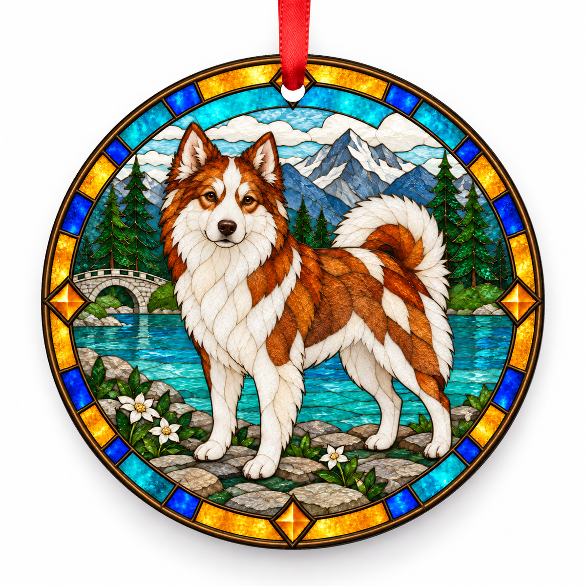 Red and White Yakutian Laika stained glass style porcelain Christmas ornament with red ribbon