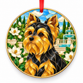 Black and Gold Yorkshire Terrier stained glass style porcelain Christmas ornament with red ribbon