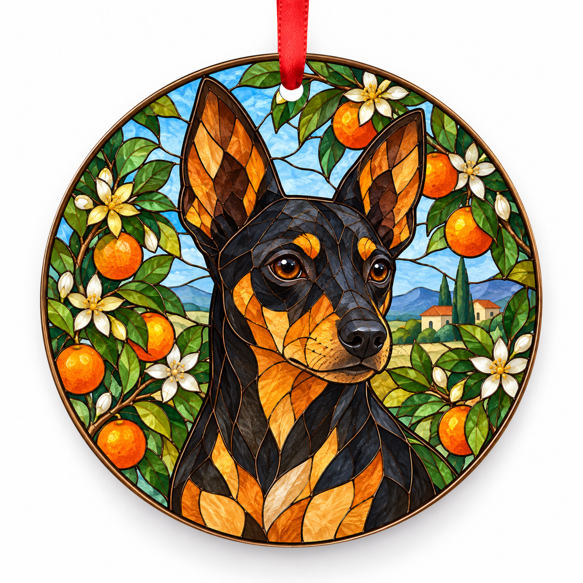 Black and Tan Valencian Terrier stained glass style porcelain Christmas ornament with red ribbon