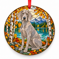 Blue Gray Weimaraner stained glass style porcelain Christmas ornament with red ribbon