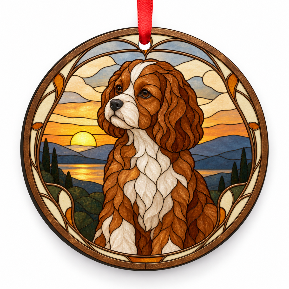 Cavapoo Red and White porcelain Christmas ornament with red ribbon — ORN-11545